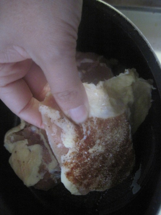 Put chicken skin side down.